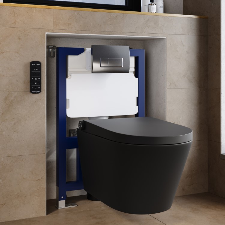 Matt Black Wall Hung Smart Bidet Japanese Toilet & 820mm Frame Cistern with Polished Chrome  Pneumatic Flush Plate - Purificare