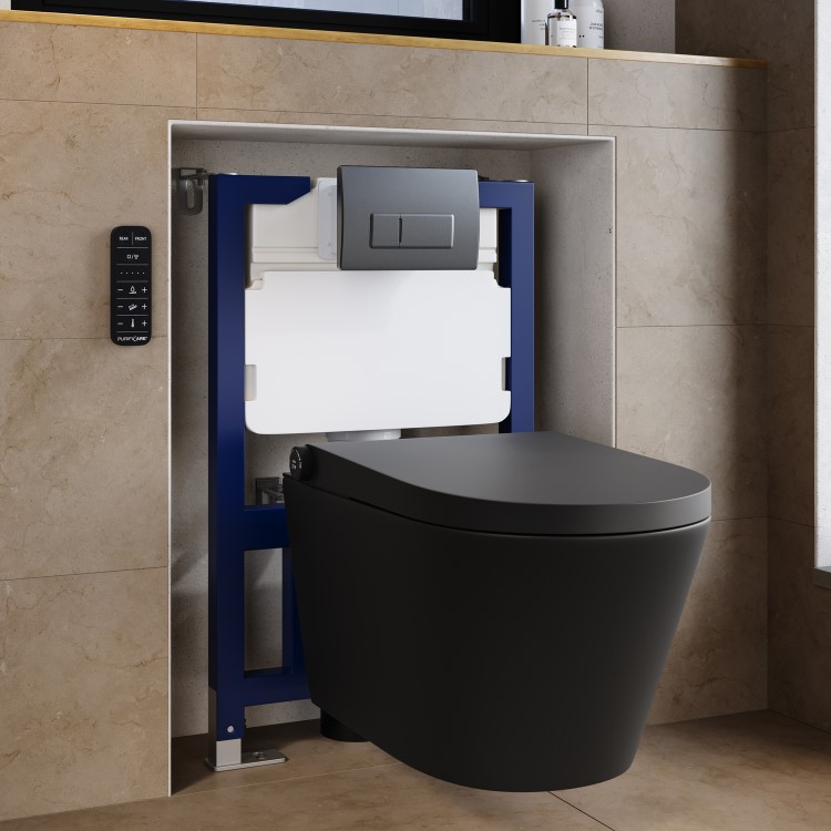 Matt Black Wall Hung Smart Bidet Japanese Toilet & 820mm Frame Cistern with Gunmetal Grey  Pneumatic Flush Plate - Purificare