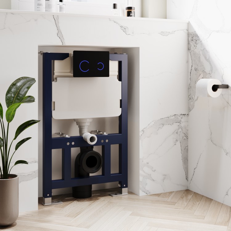 Matt Black Wall Hung Smart Bidet Japanese Toilet & 820mm Frame Cistern with Black Glass Sensor Pneumatic Flush Plate - Purificare