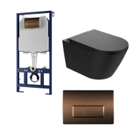 Matt Black Wall Hung Smart Bidet Japanese Toilet & 1160mm Frame Cistern with Brushed Bronze Pneumatic Flush Plate - Purificare
