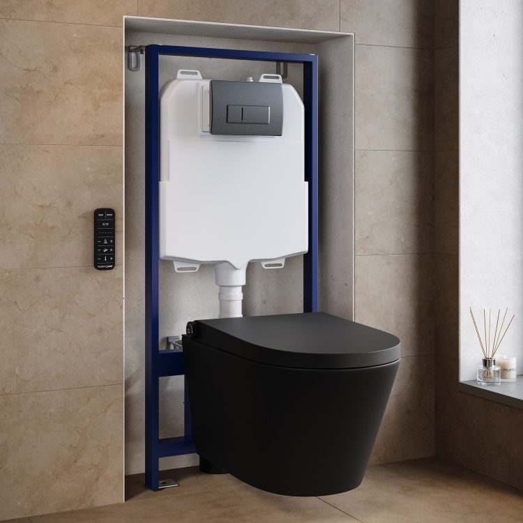 Matt Black Wall Hung Smart Bidet Japanese Toilet & 1160mm Frame Cistern with Gunmetal Grey Pneumatic Flush Plate - Purificare