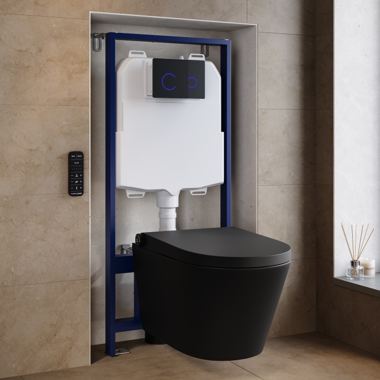 Matt Black Wall Hung Smart Bidet Japanese Toilet & 1160mm Frame Cistern with Black Glass Sensor Pneumatic Flush Plate - Purificare