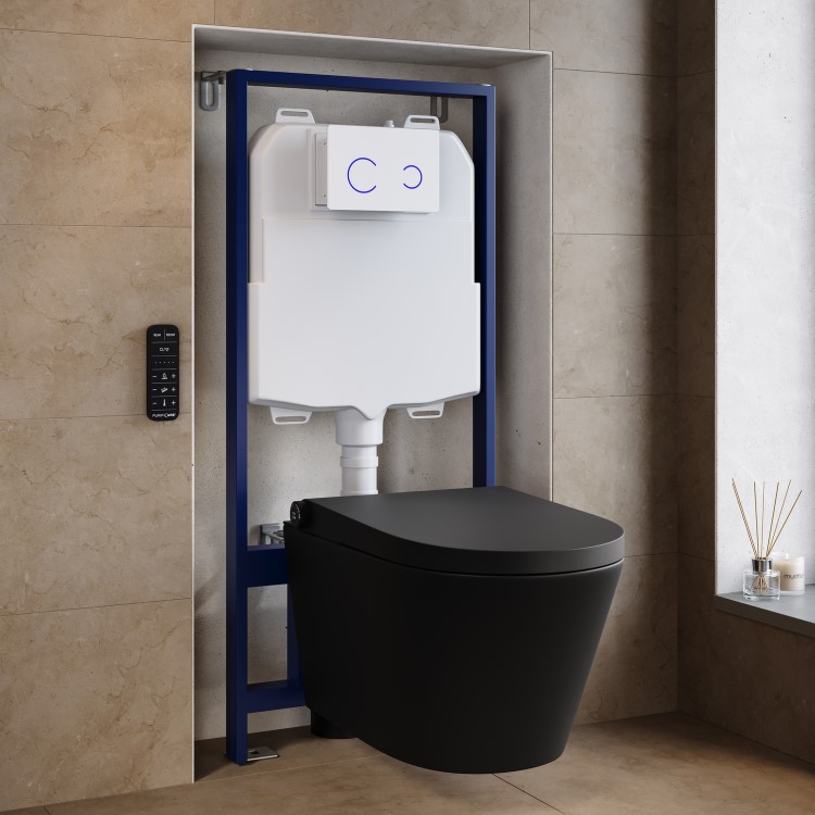 Matt Black Wall Hung Smart Bidet Japanese Toilet & 1160mm Frame Cistern and Brushed Brass Mechanical Flush Plate - Purificare