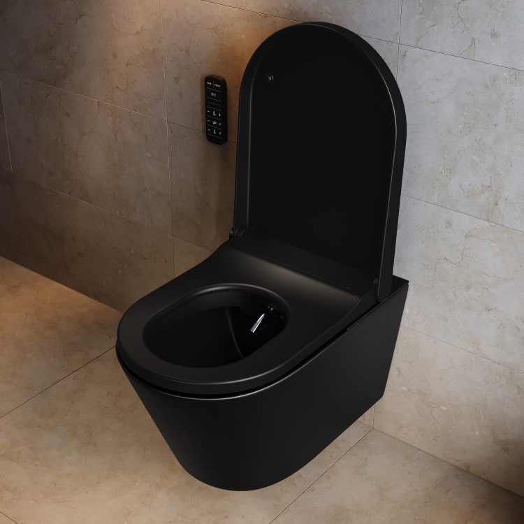 Matt Black Wall Hung Smart Bidet Japanese Toilet & 1160mm Frame Cistern and Brushed Brass Mechanical Flush Plate - Purificare