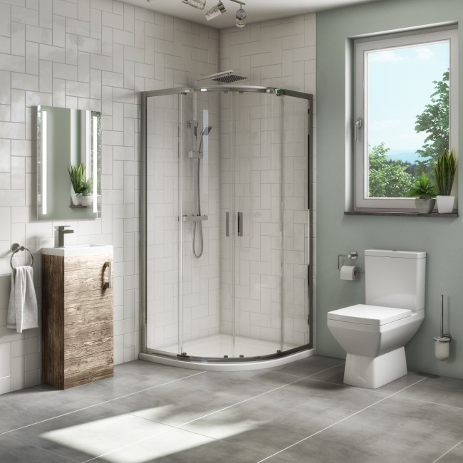 900 x 900 Quadrant Shower Suite with 400mm Grey Wood Vanity Unit and Toilet - Ashford