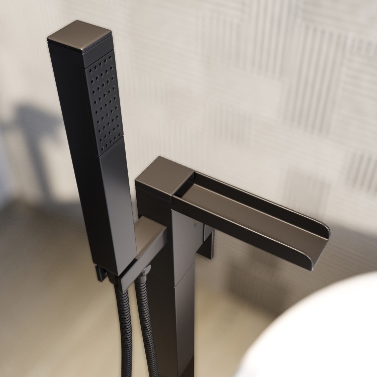 Black Freestanding Waterfall Bath Shower Mixer Tap - Wave