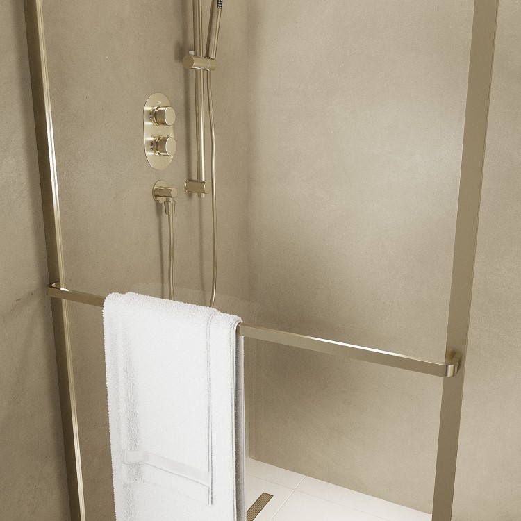 1600x800mm Brushed Brass Curved Glass Wet Room Shower Screen Enclosure with Towel Rail- Raya