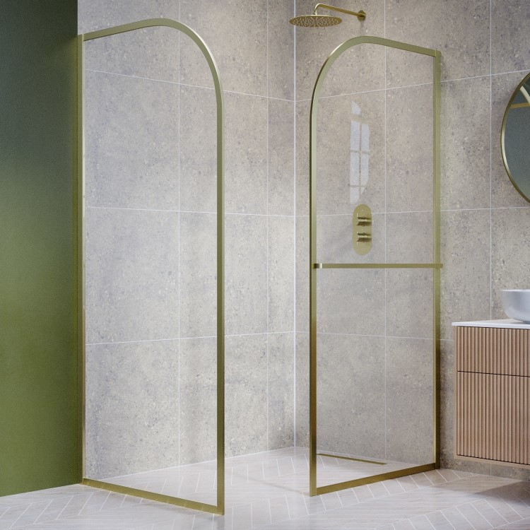 1600x800mm Brushed Brass Curved Glass Wet Room Shower Screen Enclosure with Towel Rail- Raya