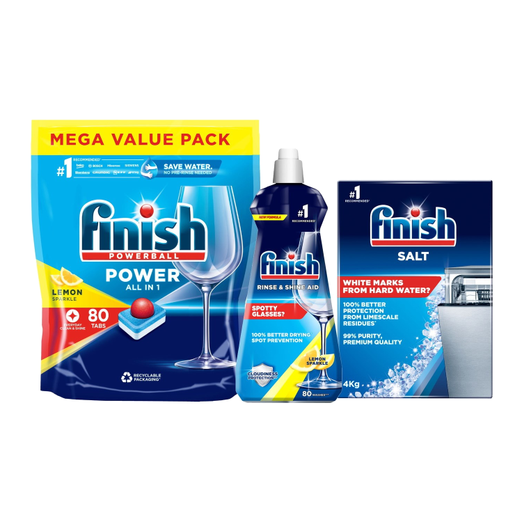 Finish Dishwasher Tablets x80 Rinse & Shine Aid 400ml And Salt 4kg Bundle