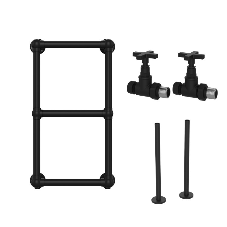 Black Vertical Traditional Towel Radiator 700 x 400mm with Pipe kit and Straight Valves – Regent