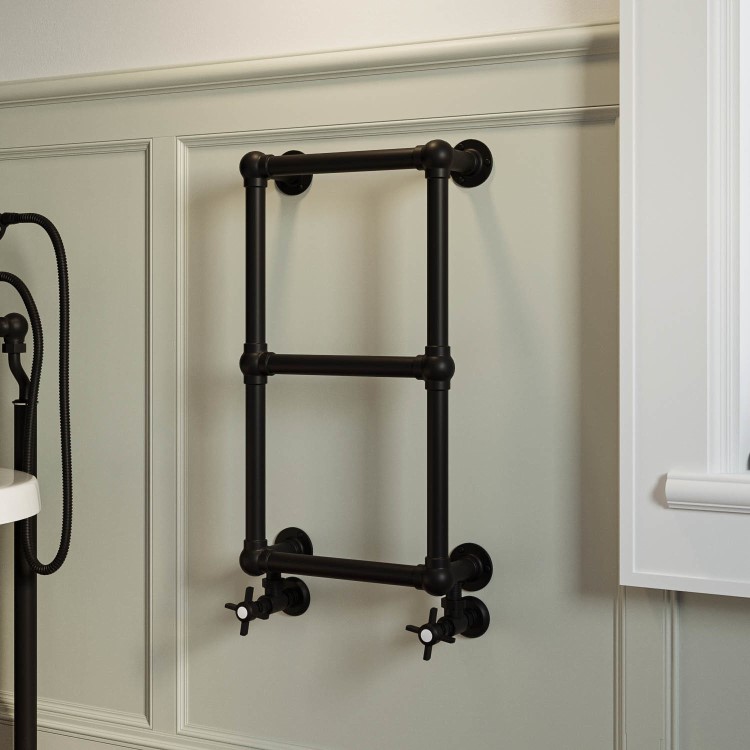 Black Vertical Traditional Towel Radiator 700 x 400mm with Pipe kit and Straight Valves – Regent