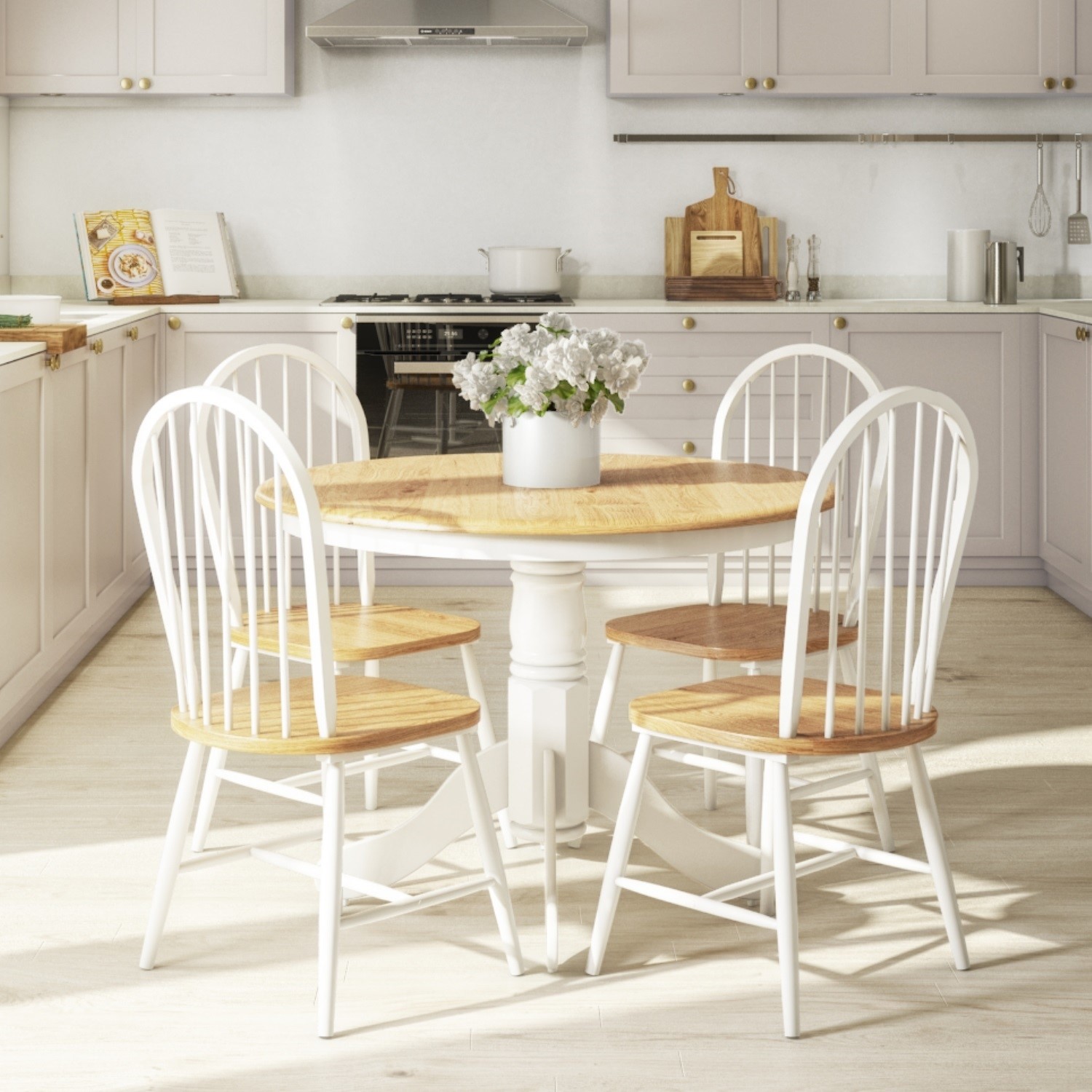 Rhode Island Natural White Round Kitchen Dining Table And 4