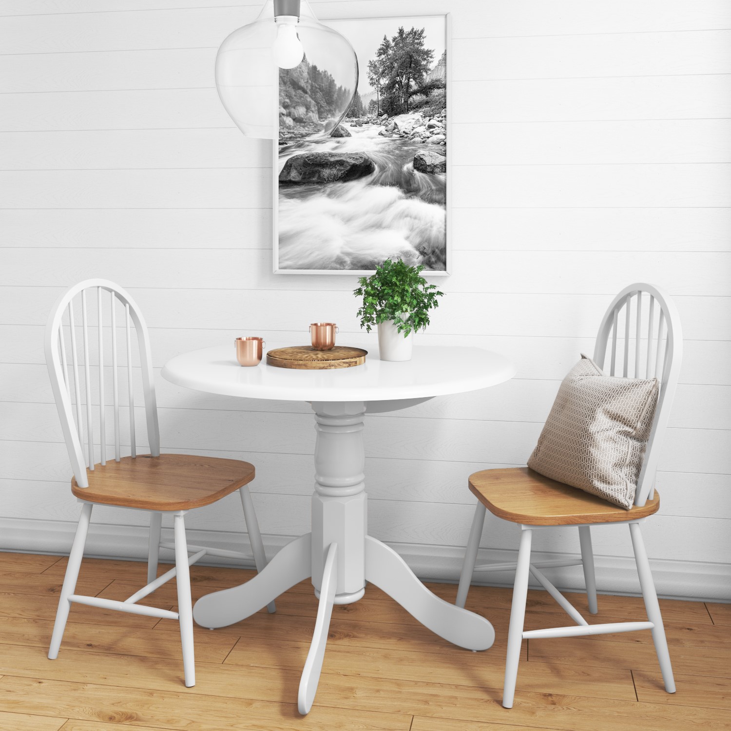 Rhode Island Round White Kitchen Dining Table with 2 Windsor Chairs