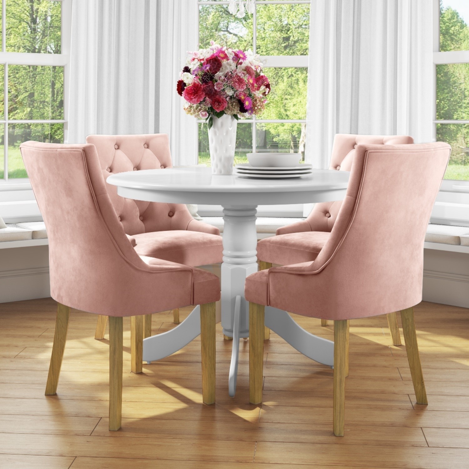 Small Round Dining Table in White with 4 Velvet Chairs in Pink BUN ...