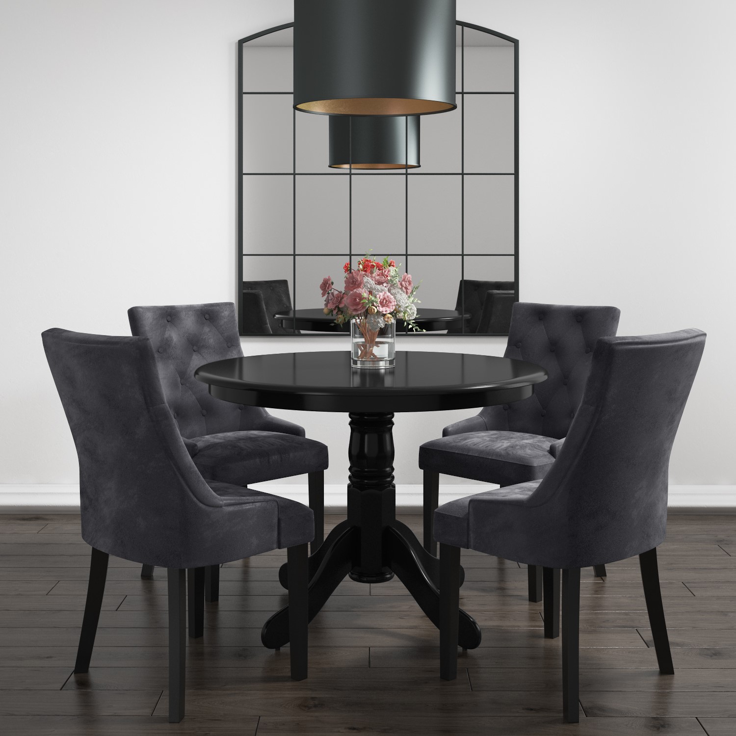 Small Round Dining Table In Black With 4 Velvet Chairs In Gr Bun/Rhd010