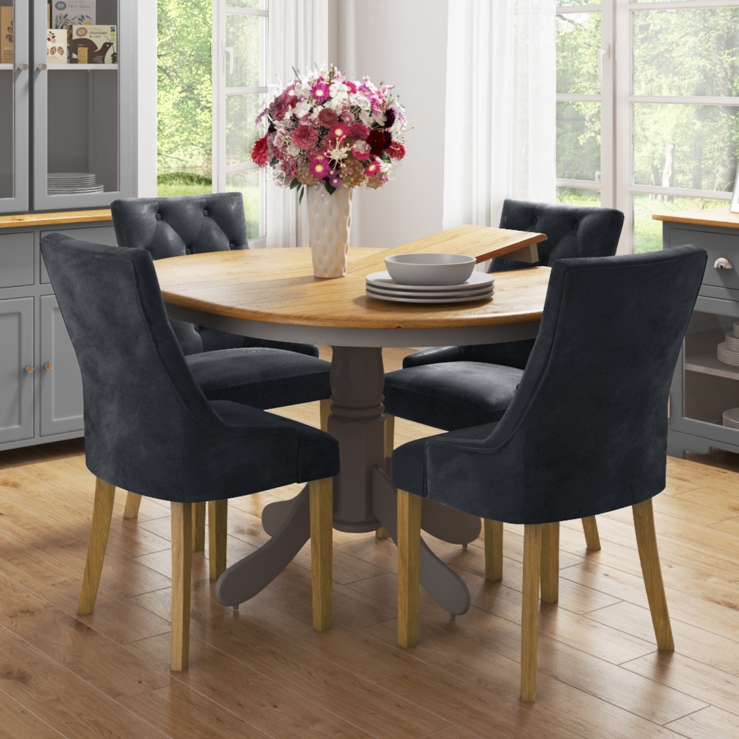Round Extendable Dining Table with 4 Velvet Chairs in Grey & O BUN