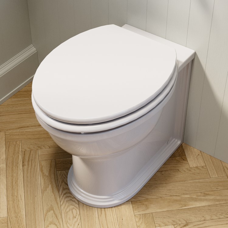 Back to Wall Rimless Toilet and Wooden Soft Close Seat with Chrome Hinges - Ripley