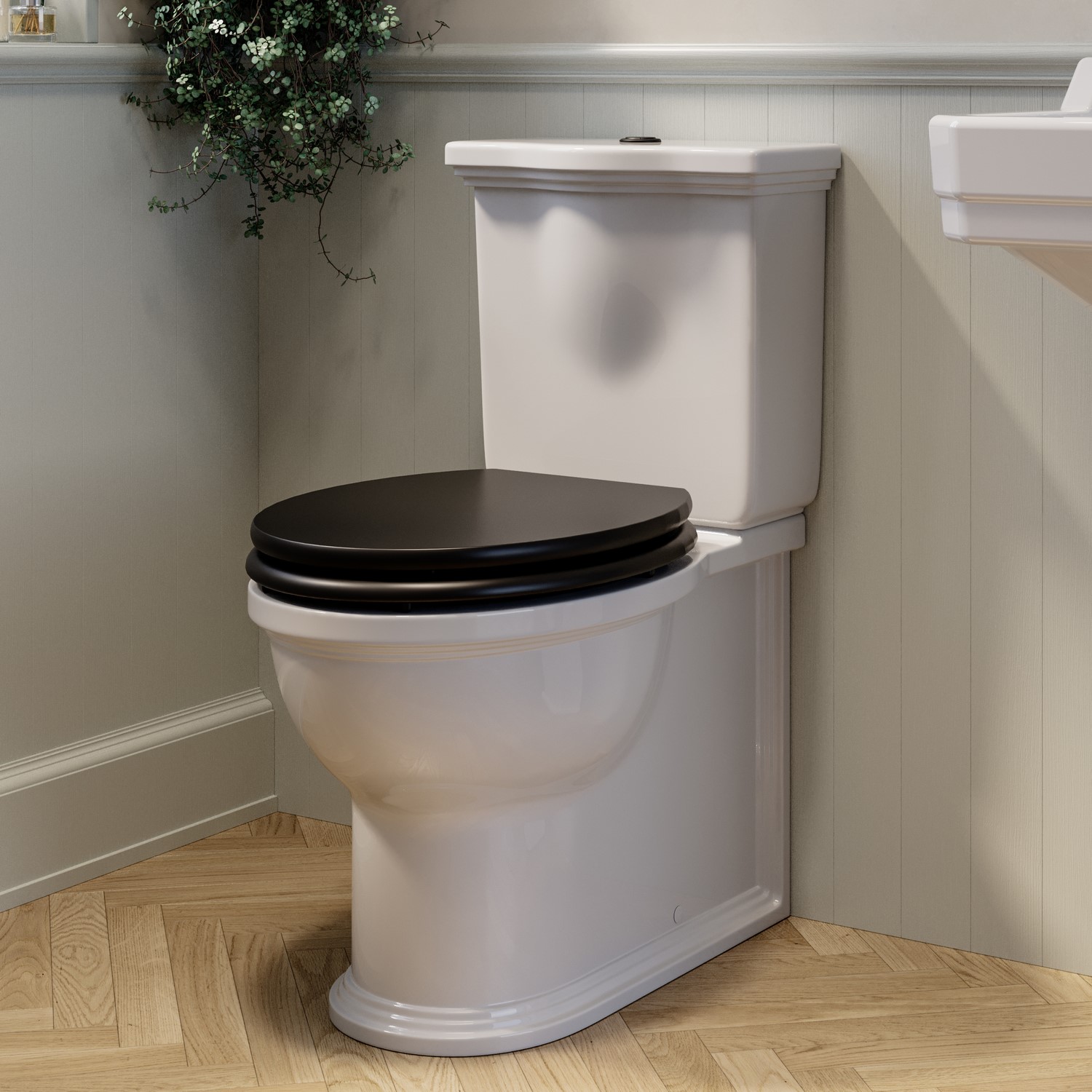 Close Coupled Rimless Toilet Wooden Soft Close Seat