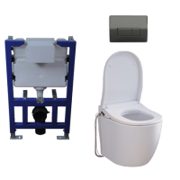 Wall Hung Smart Bidet Japanese Toilet with Heated Seat, Black Pneumatic Flush Plate, 820mm Frame & Cistern - Purificare