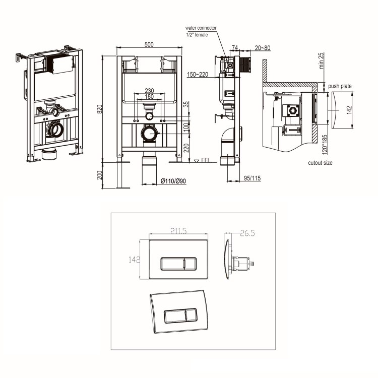 Wall Hung Smart Bidet Japanese Toilet with Heated Seat, Black Pneumatic Flush Plate, 820mm Frame & Cistern - Purificare