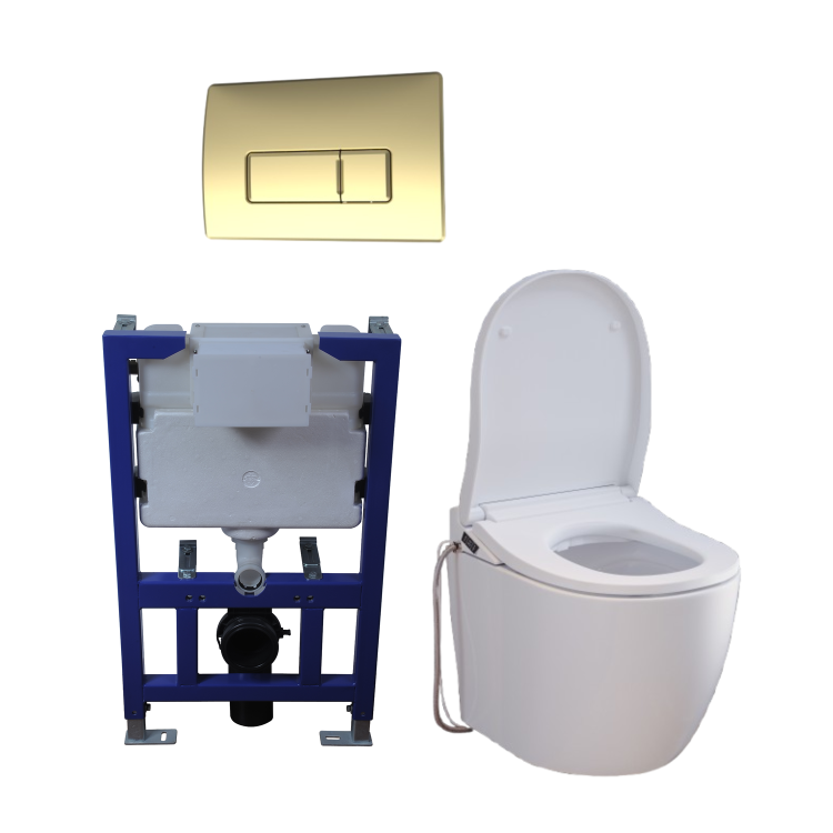Wall Hung Smart Bidet Japanese Toilet with Heated Seat, Brushed Brass Pneumatic Flush Plate, 820mm Frame & Cistern - Purificare