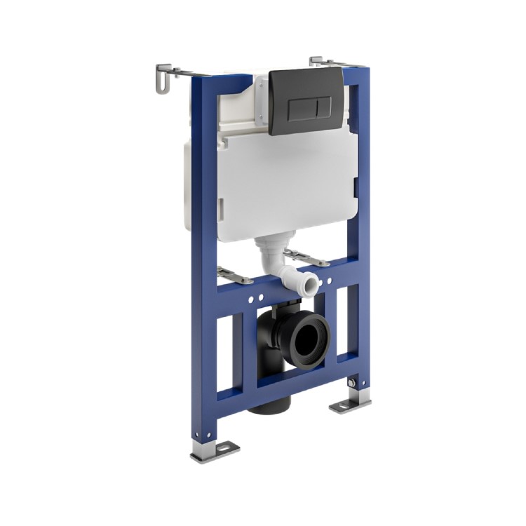 820mm Wall Hung Toilet Frame & Matt Black Pneumatic Dual Flush Plate with Concealed Cistern - Elira