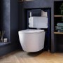 Wall Hung Rimless Toilet with Soft Close Seat, Black Pneumatic Flush Plate, 820mm Frame & Cistern – Roma