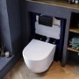 Wall Hung Rimless Toilet with Soft Close Seat, Black Pneumatic Flush Plate, 820mm Frame & Cistern – Roma