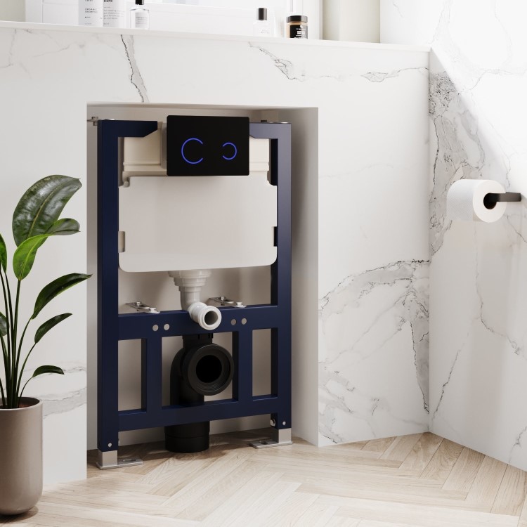 White Wall Hung Toilet with Soft Close Seat, Black Glass Sensor Pneumatic Flush Plate, 820mm Frame & Cistern - Roma