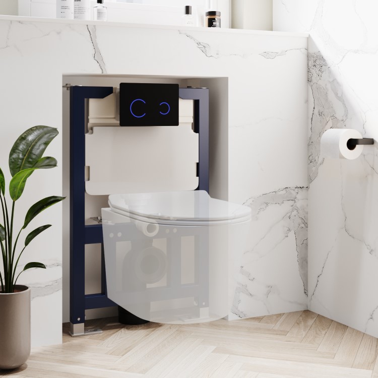 White Wall Hung Toilet with Soft Close Seat, Black Glass Sensor Pneumatic Flush Plate, 820mm Frame & Cistern - Roma