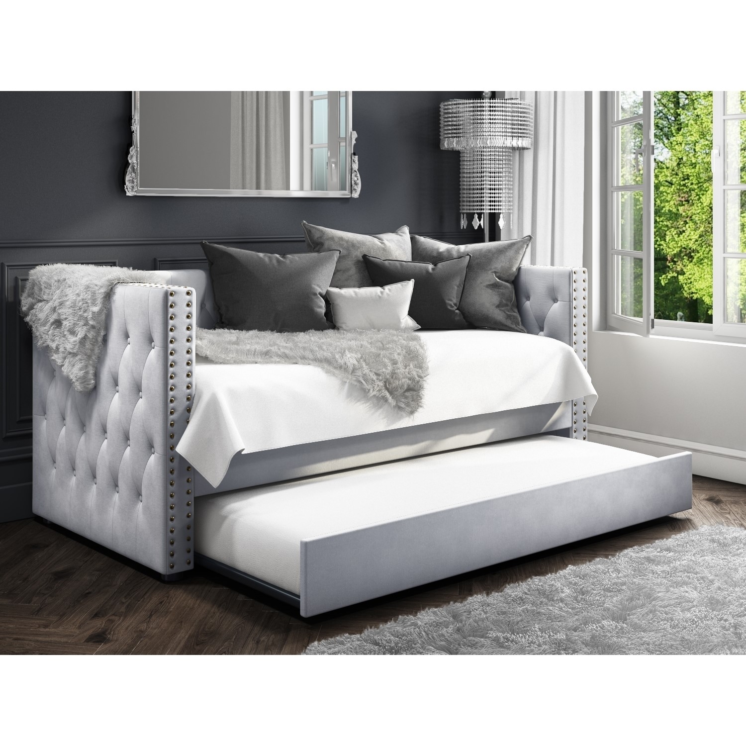 Sacha Velvet Sofa Bed in Silver Grey Trundle Bed Included BUN/SAH001