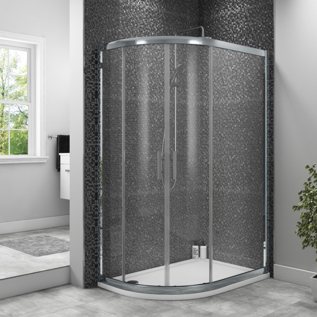 Taylor & Moore Offset Quadrant Shower Enclosure with Twin Sliding Doors 800 x 1000mm & Offset Quadrant Acrylic Capped Stone Resin Shower Tray