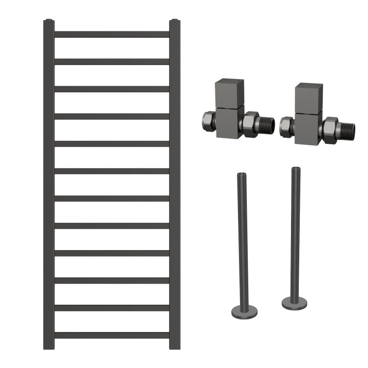 Gunmetal Grey Towel Radiator 1200 x 500mm with Pipe Kit and Straight Valves - Sonoran