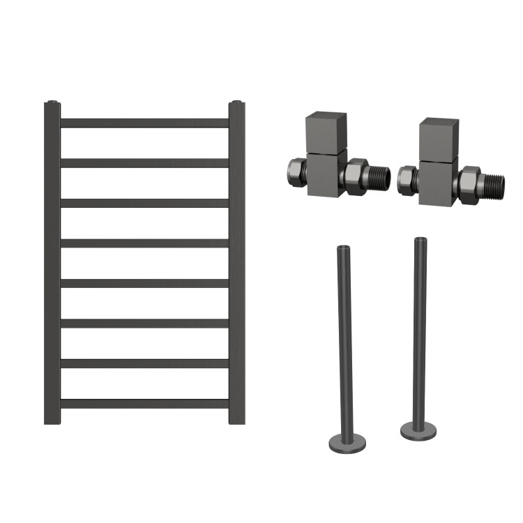 Gunmetal Grey Towel Radiator 800 x 500mm with Pipe Kit and Straight Valves - Sonoran