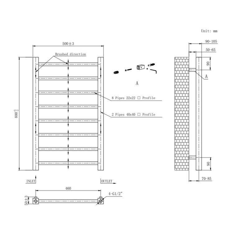 Gunmetal Grey Towel Radiator 800 x 500mm with Pipe Kit and Straight Valves - Sonoran