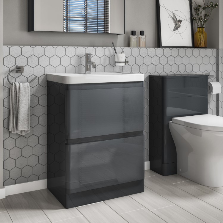 Left Hand L-Shaped Bath Dark Grey Combi & Portland Back to Wall Pan