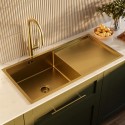 BUN/TAMINSBRS/96398 Single Bowl Brushed Brass Stainless Steel Inset Kitchen Sink with Pull Out Mixer Tap Set - Enza