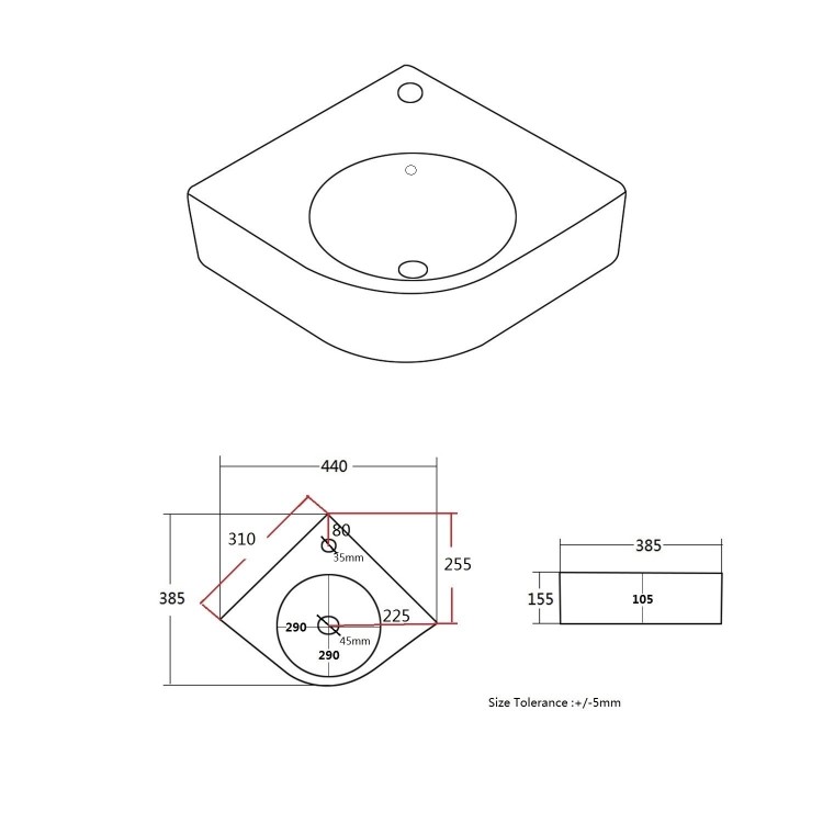 White Wall Hung Corner Basin 440mm - Theo