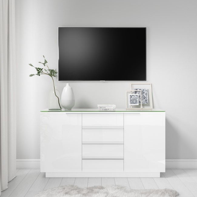 Large White High Gloss TV Unit with Glass Top & Storage - Evoque Range