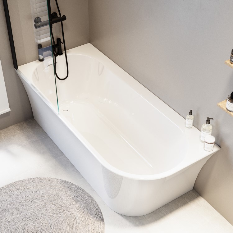 Freestanding Shower Bath Single Ended Left Hand Corner with Matt Black Bath Screen 1700 x 750mm - Vigo