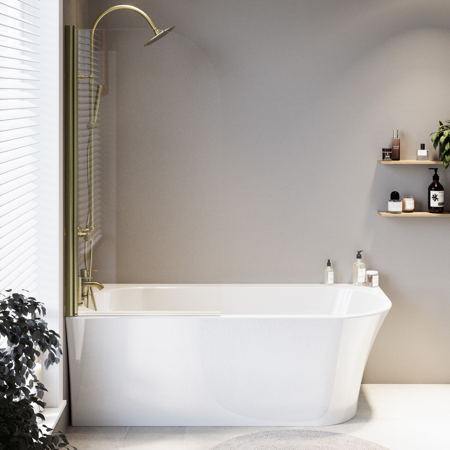 Freestanding Shower Bath Single Ended Left Hand Corner Brushed Brass Bath Screen 1700 x 750mm