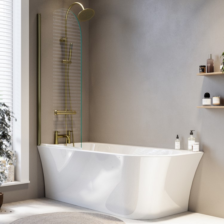 Freestanding Shower Bath Single Ended Left Hand Corner with Brushed Brass Bath Screen 1700 x 750mm - Vigo