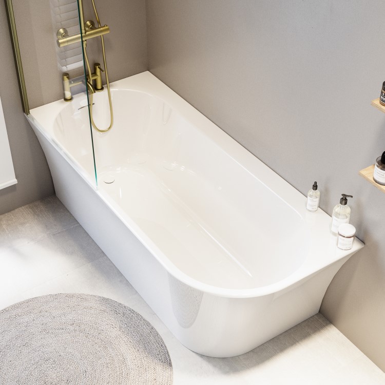 Freestanding Shower Bath Single Ended Left Hand Corner with Brushed Brass Bath Screen 1700 x 750mm - Vigo