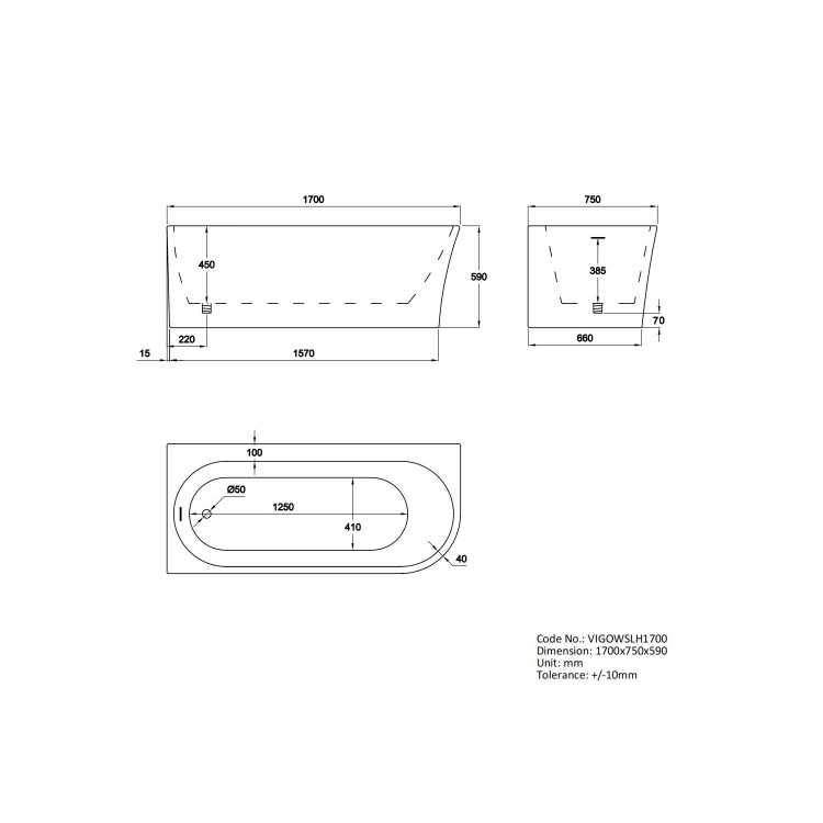 Freestanding Shower Bath Single Ended Left Hand Corner with Brushed Brass Bath Screen 1700 x 750mm - Vigo