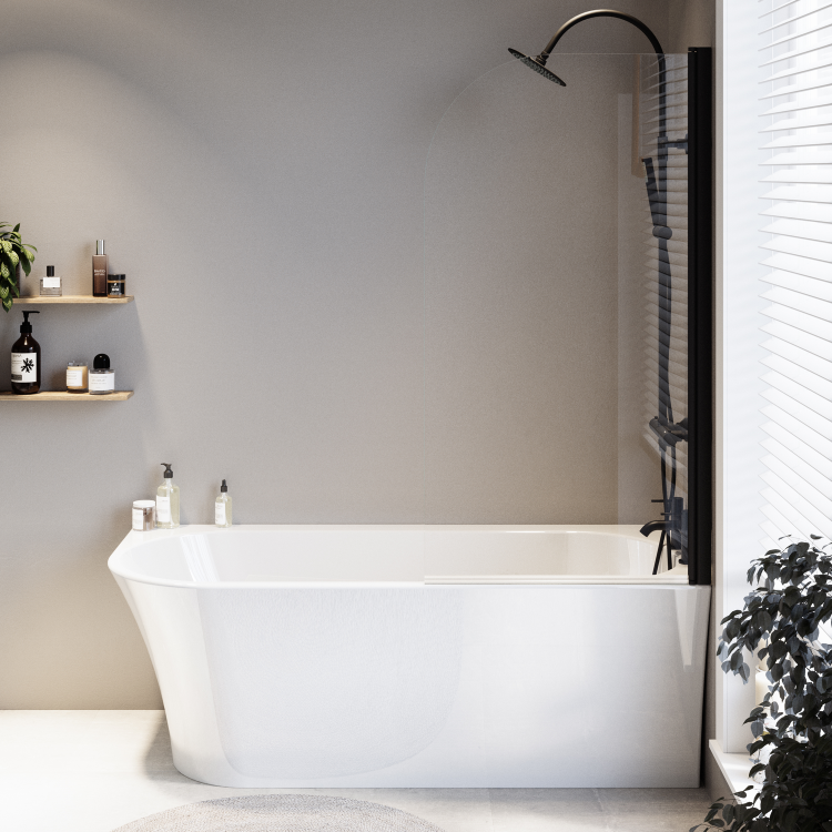 Freestanding Shower Bath Single Ended Right Hand Corner with Matt Black Bath Screen 1700 x 750mm - Vigo