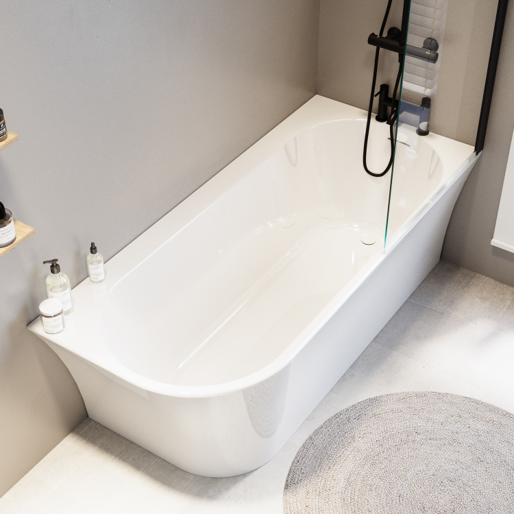 Freestanding Shower Bath Single Ended Right Hand Corner with Matt Black Bath Screen 1700 x 750mm - Vigo