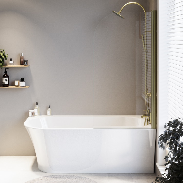 Freestanding Shower Bath Single Ended Right Hand Corner with Brushed Brass Bath Screen 1700 x 750mm - Vigo