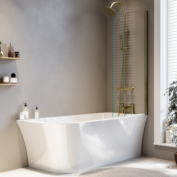 Freestanding Shower Bath Single Ended Right Hand Corner with Brushed Brass Bath Screen 1700 x 750mm - Vigo