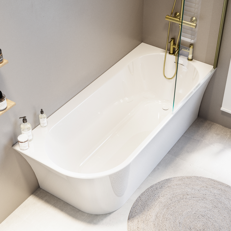 Freestanding Shower Bath Single Ended Right Hand Corner with Brushed Brass Bath Screen 1700 x 750mm - Vigo