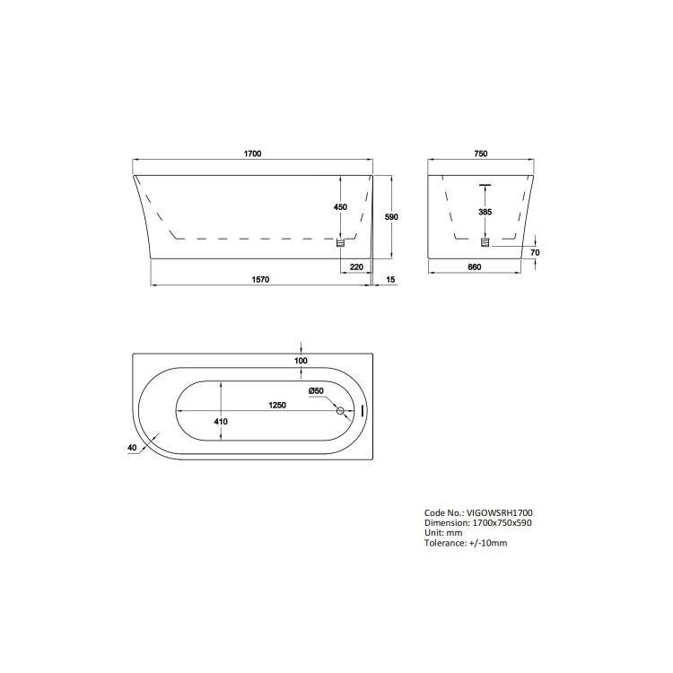 Freestanding Single Ended Right Hand Corner Bath 1700 x 750mm - Vigo
